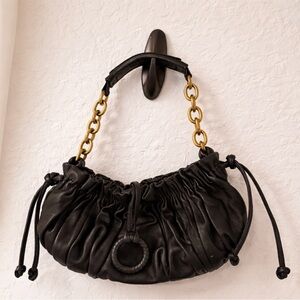 BCBG MaxAzria Erica Supple Black Leather Pleated Handbag with Gold Chain
